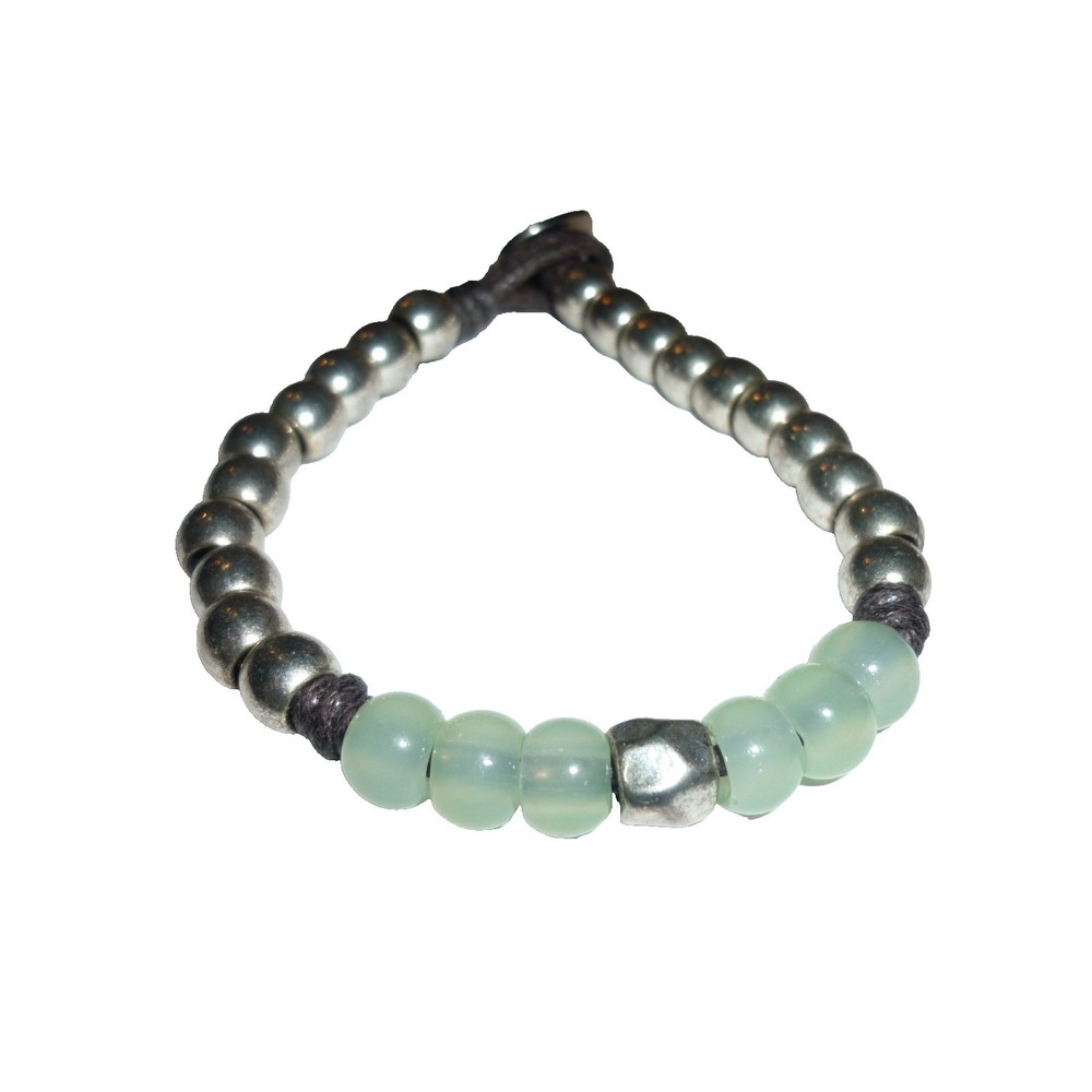 Boho Silver Tone Metal and Pale Green Stone Beaded Button Toggle Bracelet